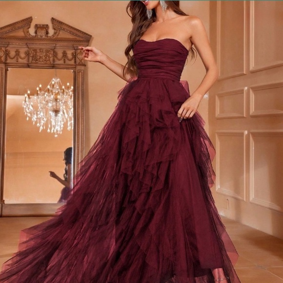 . Dresses & Skirts - Burgundy Preppy Womens Solid Ruched Tube Wedding Dress